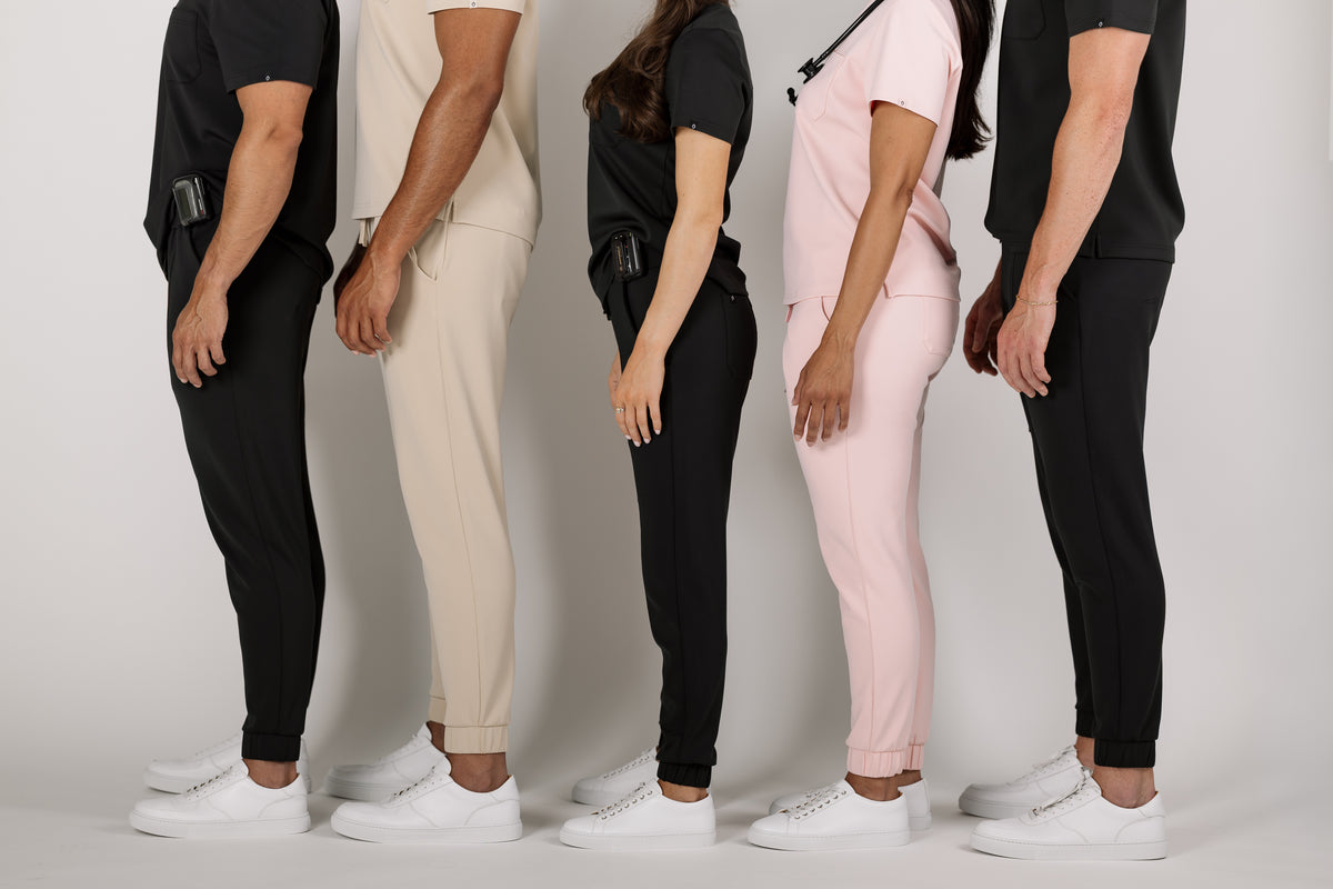 SAYS Scrubs in Desert Dune, Jet Black, and Desert Rose